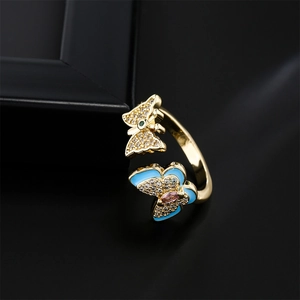 18K gold plated butterfly open ring with blue enamel and sparkling zircon accents