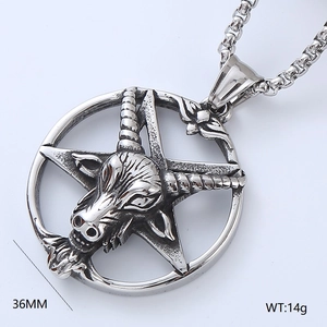 Macro shot of silver goat head pentagram pendant with 36mm size and 14g weight specs