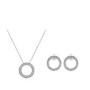 S925 sterling silver jewelry set featuring a sparkling circle pendant necklace and stud earrings