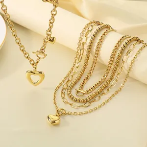 Edelstahl Herz Anhänger Halskette Mode Hohl OT Verschluss O Kette Mehrlagiger Schmuck Für Damen Gold Silber Ton