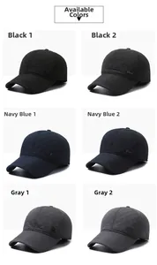 Detail view of quilted baseball hats for elderly men in black, navy, and grey colors