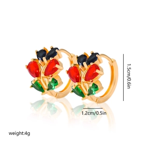 Detail view of gold-plated hoop earrings with pear-cut colorful zircon stones