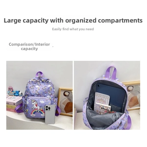 Detail of unicorn kids backpack showing large interior storage and side size comparison