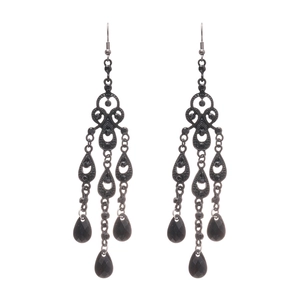 Dark vintage style teardrop tassel earrings with black beads on a white background