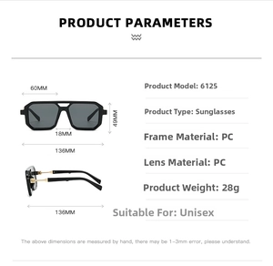 Detailed size guide for 6125 sunglasses featuring PC frame dimensions and 28g weight