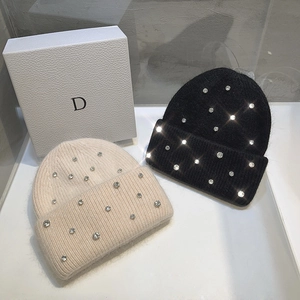 Winter heavy work rabbit fur knit hat with rhinestones in black and cream white colors