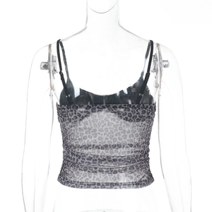 Detail of ruched back and leopard print mesh on a summer sheer camisole top