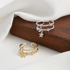 Double-layer adjustable S925 sterling silver rings with star and moon pendants with zircons