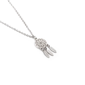 Minimalist silver stainless steel dreamcatcher necklace with three hanging feather charms