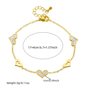 Gold stainless steel heart charm bracelet with white shell inlays and size parameters