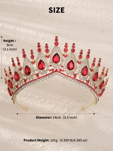 Detailed dimensions of a vintage Baroque gold bridal tiara with red crystal rhinestones