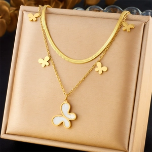 Elegant gold-plated double layer butterfly pendant necklace with flat snake chain for women