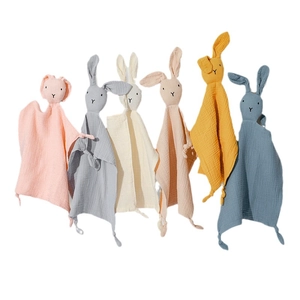 Soft cotton muslin baby security blanket set with cute rabbit head in 6 pastel colors