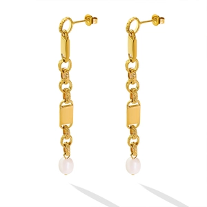 Golden geometric chain link earrings with white freshwater pearl drop pendants