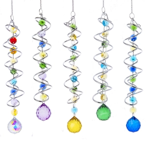 Crystal Suncatcher Metal Spiral Wind Spinner Tail K9 Glass Prism Rainbow Maker Hanging Ornament For Outdoor Garden Home