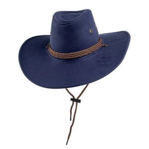 Navy blue faux suede western cowboy hat with braided leather band and adjustable strap
