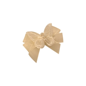 Elegant white mesh bow hair clip with lace butterfly and pearl accents for women