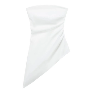 White strapless top featuring ruched details and an asymmetric long hemline on a plain background