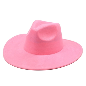 Detailed view of pink faux suede wide brim fedora hat with premium stitching details