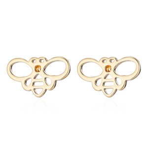 Minimalist golden bee stud earrings featuring amber gemstones on a white background