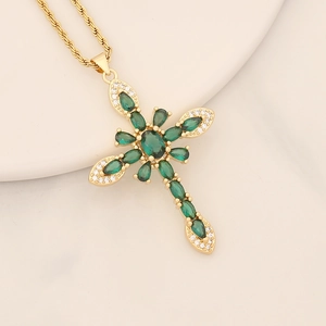 18K gold plated cross necklace with emerald green stones and cubic zirconia inlay