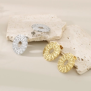 Chic 18K gold and silver plated woven texture oval stud earrings for women on stone base