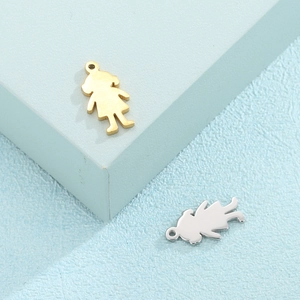 Polished titanium steel boy and girl pendants in gold and silver on geometric background