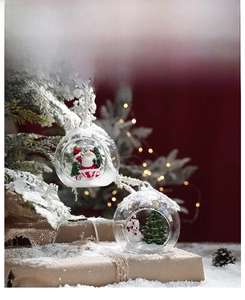 Macro detail of transparent Christmas glass ornaments with miniature Santa Claus and snowmen