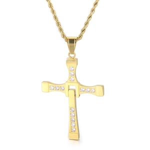 Gold stainless steel cross necklace with inlaid crystals and a stylish twisted rope chain