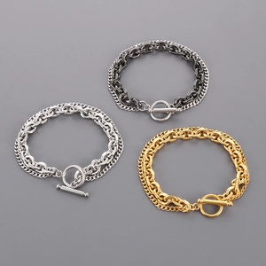 Double-layered stainless steel Cuban link bracelet with toggle clasp in gold and silver