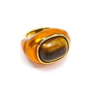 Chunky 18k gold plated stainless steel ring featuring large oval tiger eye stone
