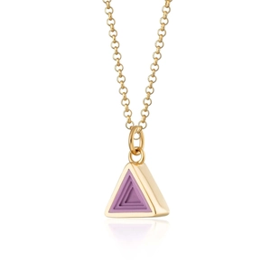 Macro view of 18k gold plated O-chain necklace with a purple geometric triangle pendant