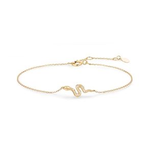 Macro shot of minimalist gold snake bracelet with sparkling stones on thin O-link chain