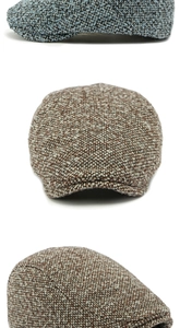Detailed view of British style tweed newsboy hats in brown and grey-blue weave fabric