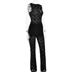 Detail of sheer lace texture and slim fit design on black sleeveless jumpsuit set