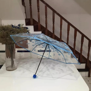 Transparent folding umbrella with blue cherry blossom pattern and sturdy black frame