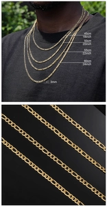 Detail showing 3mm gold Figaro chain in four lengths from 18 to 24 inches for men and women