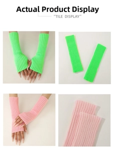 Detail of neon green and pink ribbed knit fingerless long gloves for winter warmth