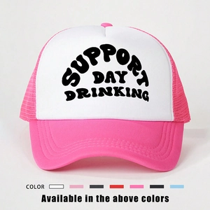 Pink and white mesh trucker hat featuring Support Day Drinking text print on white front
