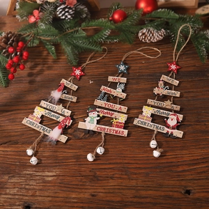 Christmas Tree Wooden Hanging Ornament With Bells Jute Rope Cartoon Santa Snowman Gnome Tiered Sign Holiday Home Decor