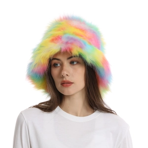 Close-up of fluffy rainbow faux fur texture on a thick plush bucket hat for women