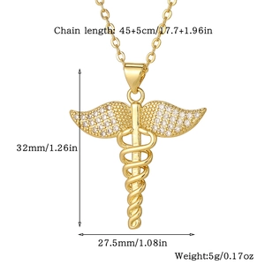 Detailed view of gold caduceus pendant with zircon wings and precise dimensions
