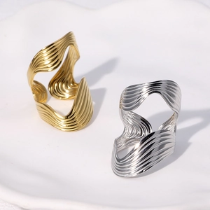 Irregular Wave Open Ring Stainless Steel Wide Fluid Design Adjustable For Women Modern Fashion Jewelry