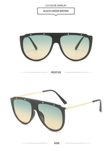 Front and side views of large frame aviator sunglasses with black frames and green-brown lenses