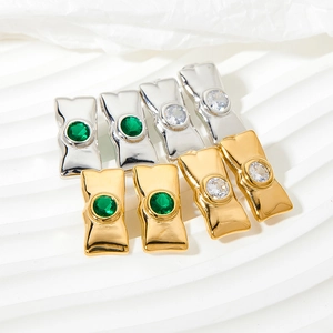 14K gold plated stainless steel bow earrings with emerald and clear zircon stones