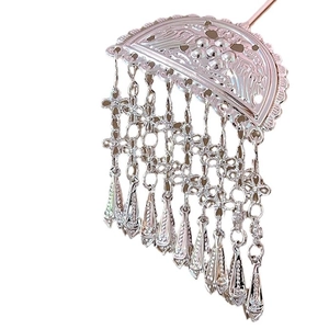 Silver vintage Chinese hair stick with hollow carving and long tassel floral pendants