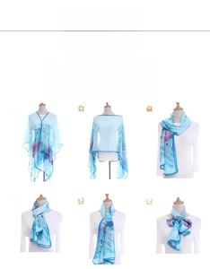 Sky blue silk-like summer shawl showing six versatile styling ways on a white mannequin
