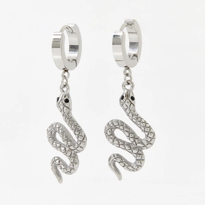 Silver snake pendant earrings with detailed scales and black bead eyes on white background