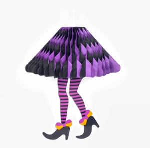 Detail of hanging Halloween witch legs with purple honeycomb skirt and striped stockings