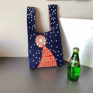Détail du sac en maille bleu marine à pois blancs avec motifs floraux festifs